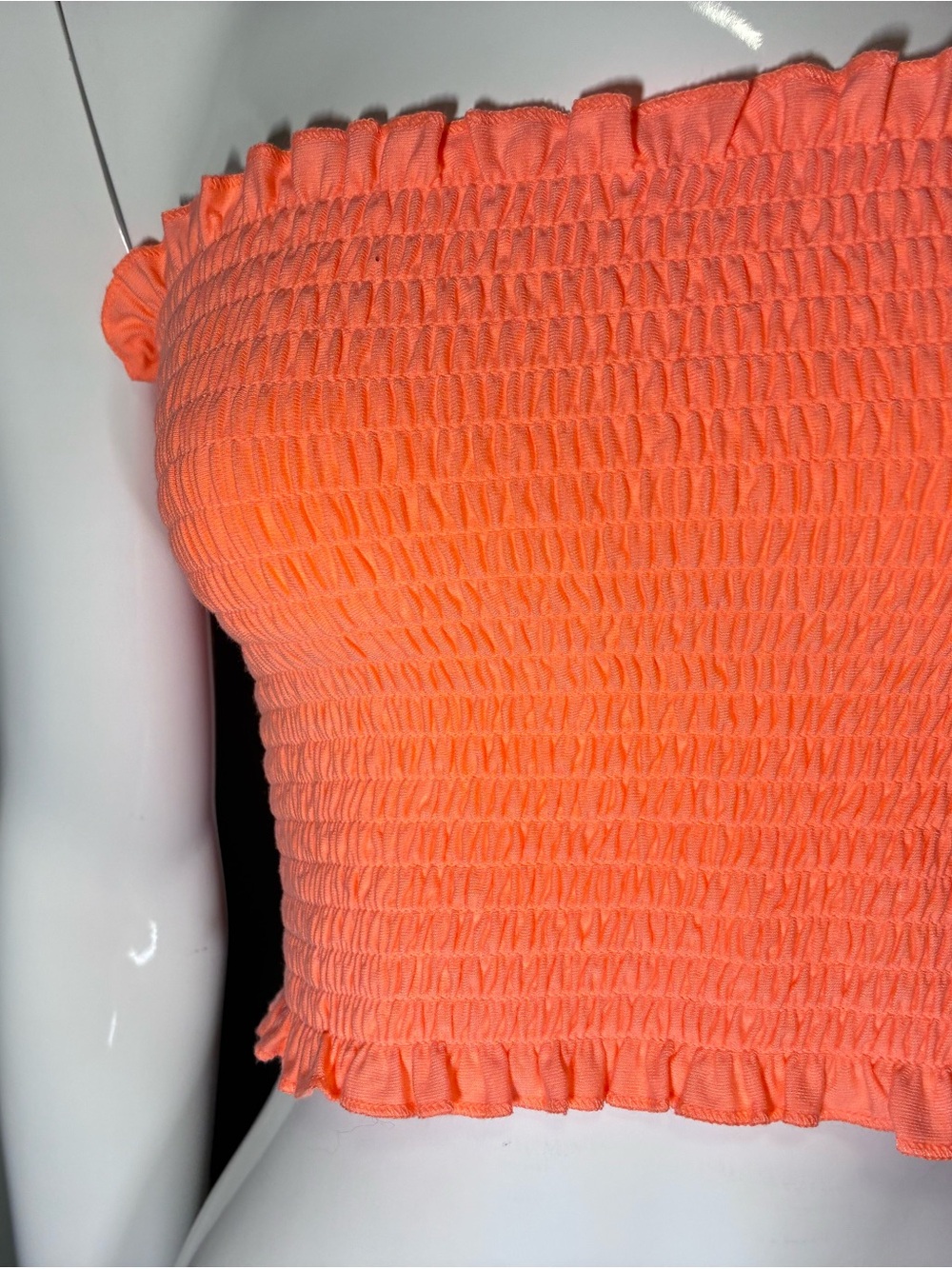 Zenana Outfitters Neon Coral Smocked Strapless Crop Top